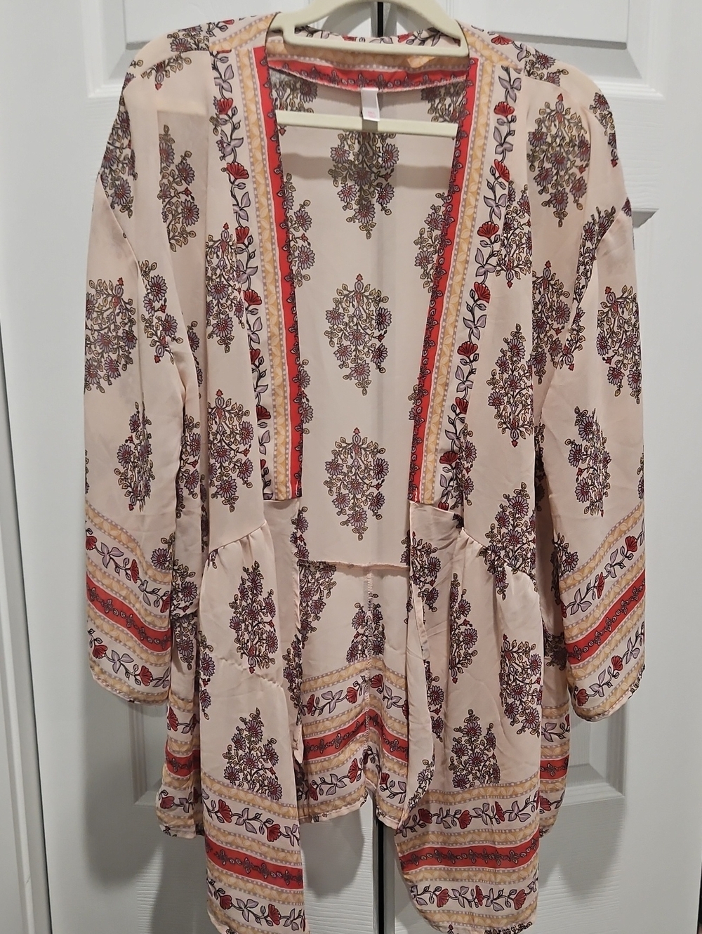 Xhilaration Blush Open-Front Floral Kimono with Red Trim